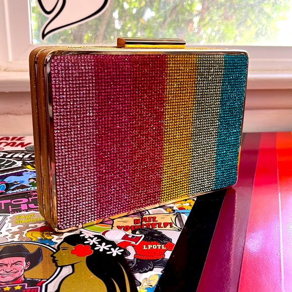 Alessia Handbags - Rainbow Rhinestone Gold Hardshell Clutch
